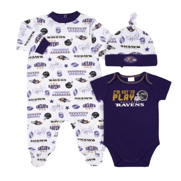 Baltimore Ravens Gerber 3-Piece Baby Infant Bodysuit, Sleep Play & Cap Set NEW - Picture 1 of 6